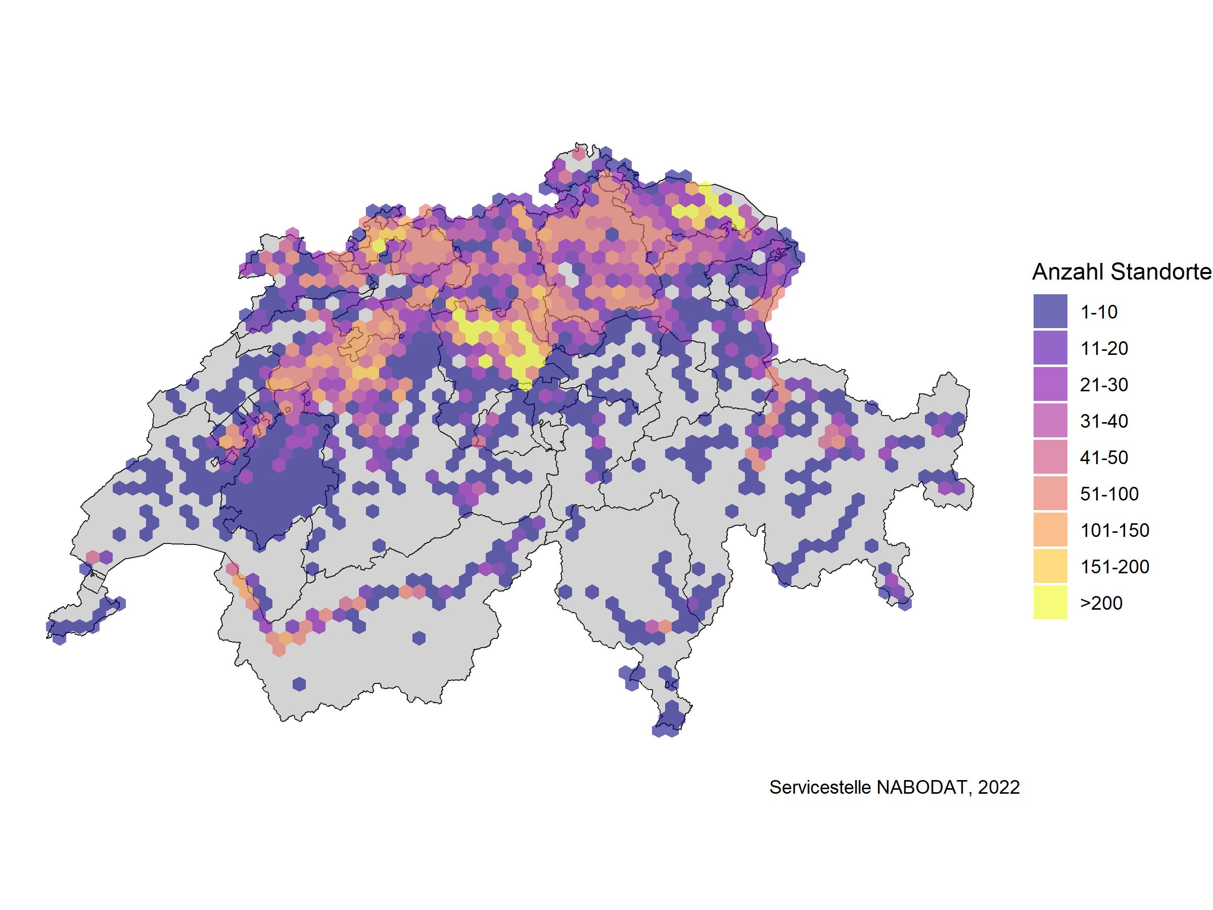 Räumliche Verteilung der Daten des Bodendatensatz Schweiz Version 5.