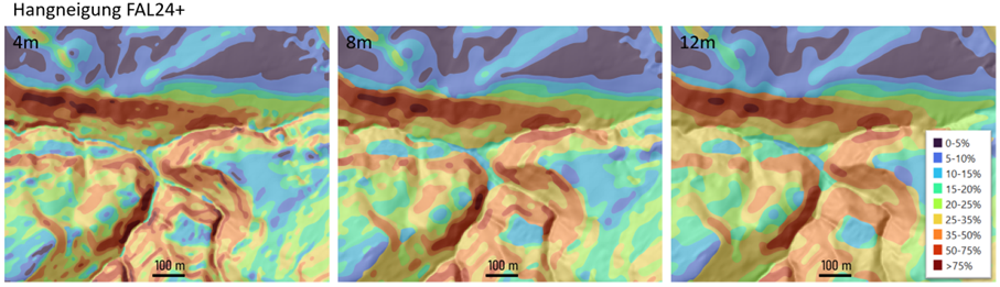 Polygonkarten mit Hangneigungsklassen nach FAL24+ für ein Fallstudiengebiet und für DEM Auflösungen von 4m, 8m und 12m.