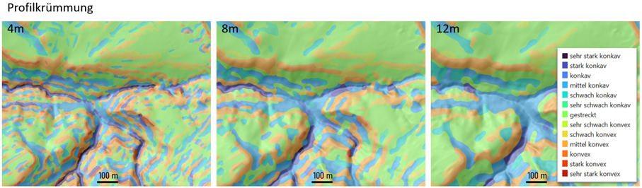 Beispiele für Polygonkarten der Profilkrümmung auf Basis einer DEM Auflösung von 4m, 8m und 12m.