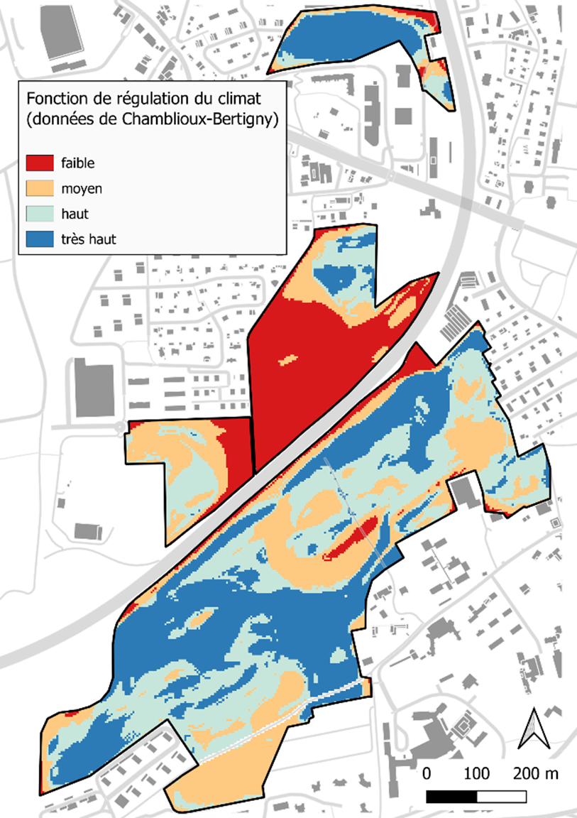 Carte illustrant la fonction de régulation du climat des sols contenus dans le périmètre du projet « Chamblioux-Bertigny »