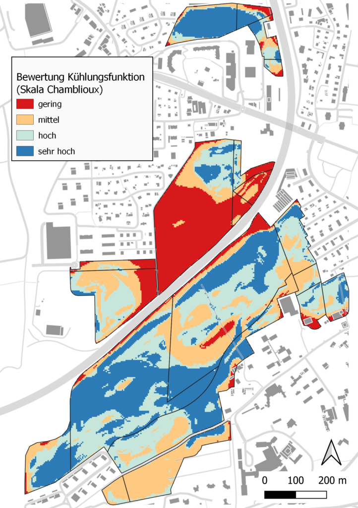 Karte, die die Funktion der Böden hinsichtlich der Regulation im Projektperimeter «Chamlioux-Bertigny» darstellt