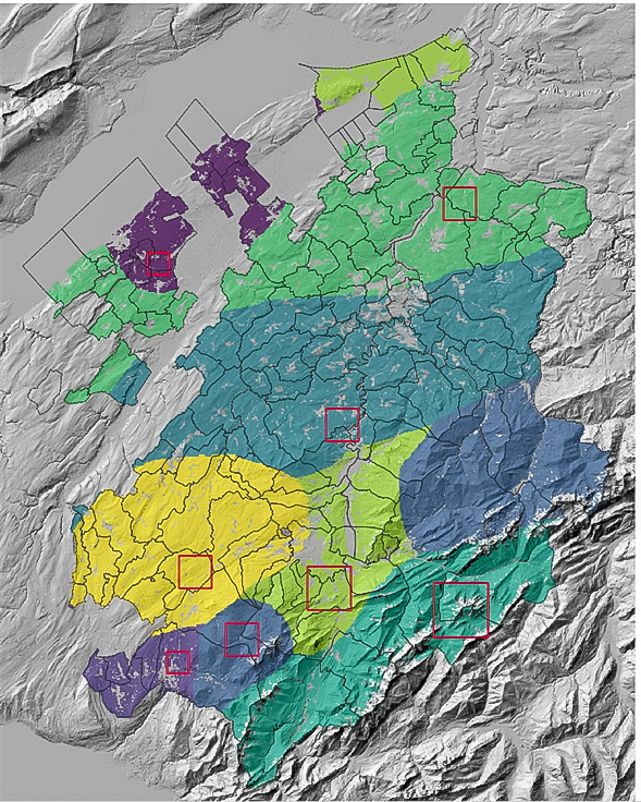 Mögliche Einteilung des Kantons Freiburgs in acht verschiedenen Pedozonen. Die Zonen unterscheiden sich auf der Karte anhand verschiedener Farben.